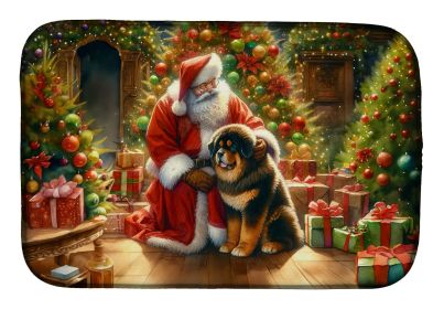 Tibetan Mastiff and Santa Claus Dish Drying Mat Absorbent Dish Drying Mat Pad for Kitchen Counter Dish Drainer Mat for Countertop, 14 x 21"