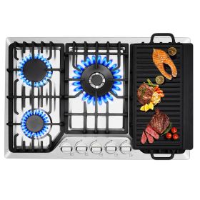 Gas Cooktop 30/36 Inch, 5 Burner Gas Stove Top, Built in Stainless Steel, LPG/NG Convertible Propane Cooktop (type: 30inch(with Griddle))